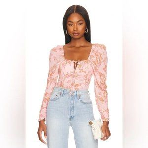 Free People Hilary Printed Keyhole Neck Top Pink Combo Sz Large NWT